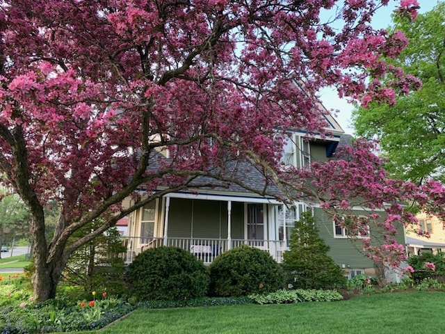 view of front facade featuring covered porch and a front lawn