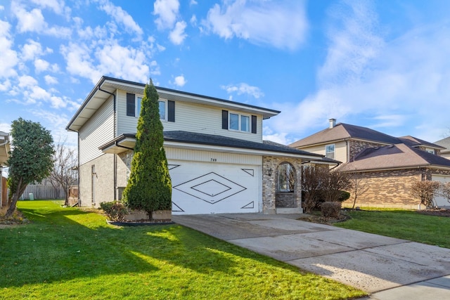 view of front property featuring a garage and a front lawn