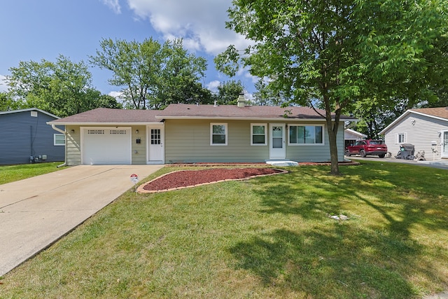 ranch-style house with a garage and a front lawn