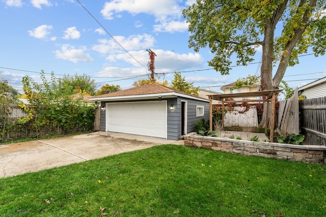 garage with a lawn