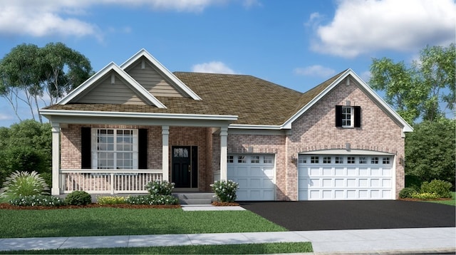 view of front of house with a front lawn, a porch, and a garage