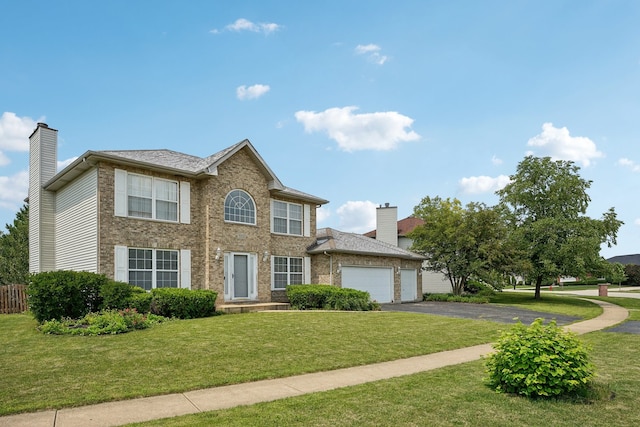 colonial inspired home featuring a front lawn and a garage