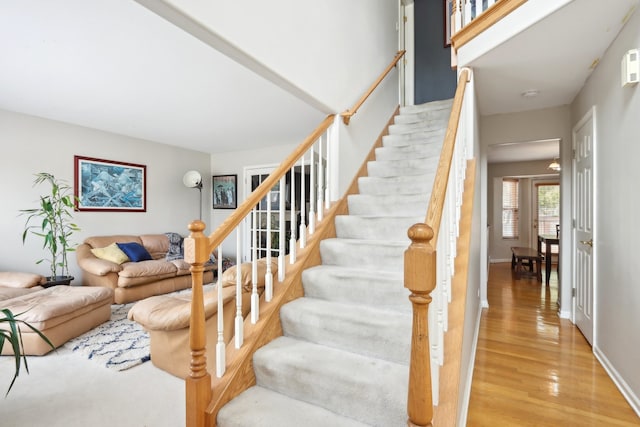 staircase with hardwood / wood-style flooring