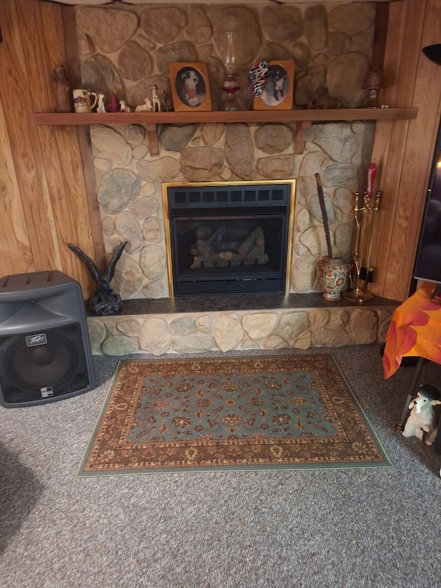 details with carpet floors and wood walls