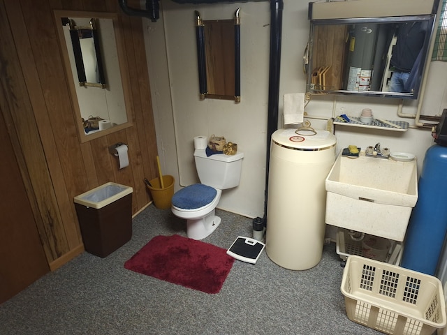 bathroom with wooden walls, sink, and toilet