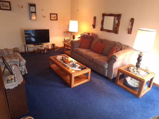 living room featuring dark colored carpet