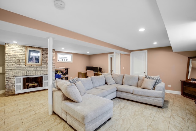 living room with a fireplace