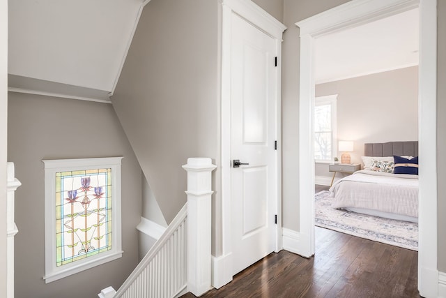 hall with hardwood / wood-style flooring and crown molding