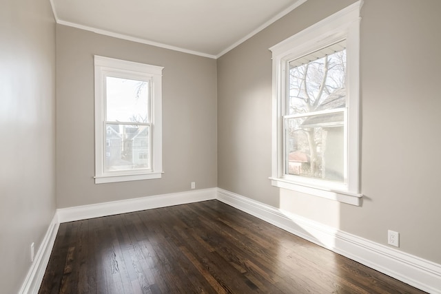 spare room with dark hardwood / wood-style flooring and crown molding