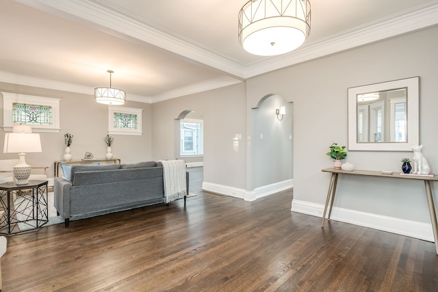 living room with crown molding and dark wood-type flooring