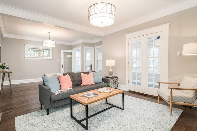 living room with dark wood-type flooring, crown molding, and french doors