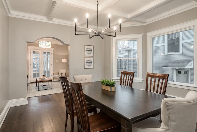 dining space with an inviting chandelier, crown molding, coffered ceiling, beamed ceiling, and dark hardwood / wood-style floors