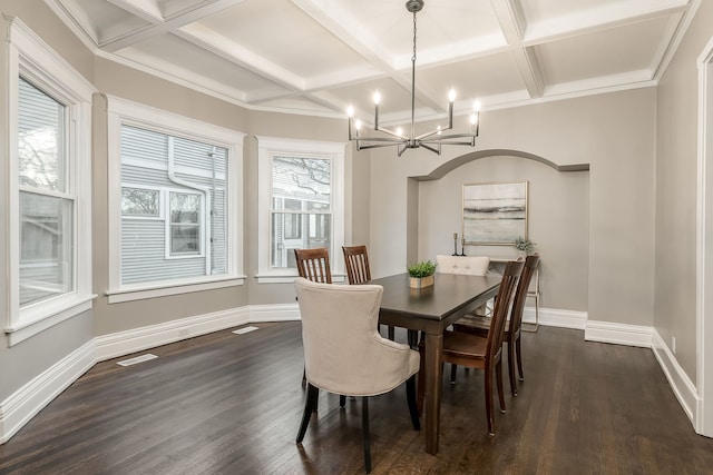 dining area featuring beam ceiling, dark wood-type flooring, an inviting chandelier, and coffered ceiling