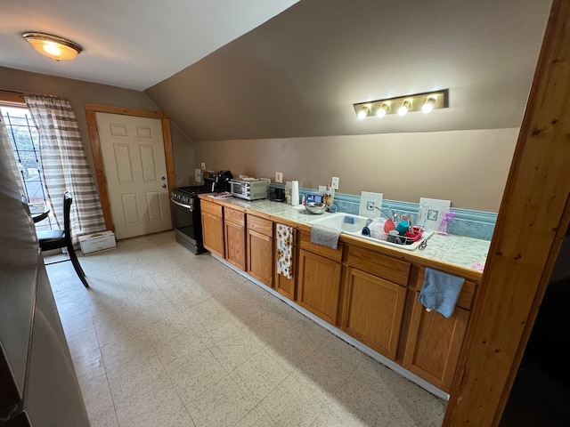 bathroom with vaulted ceiling