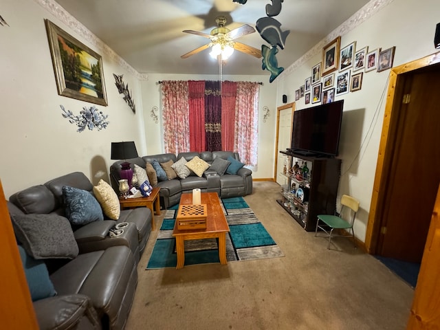 living room with ceiling fan and light carpet