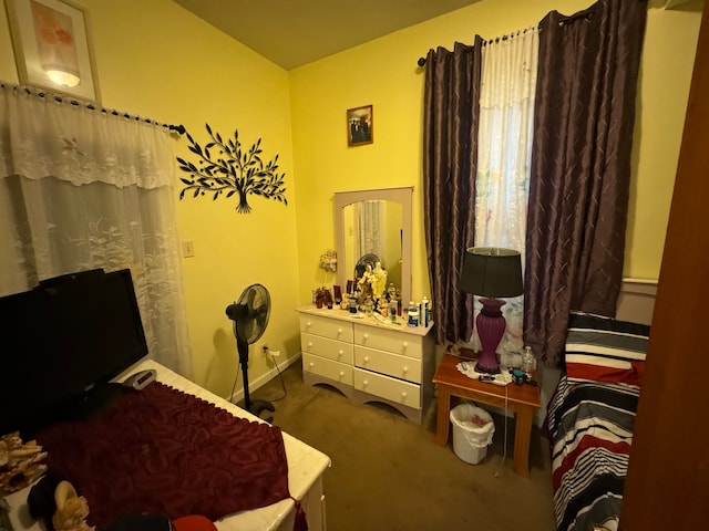 bedroom with dark colored carpet