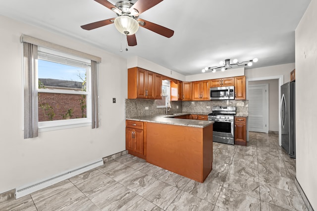 kitchen featuring a baseboard heating unit, sink, decorative backsplash, appliances with stainless steel finishes, and kitchen peninsula