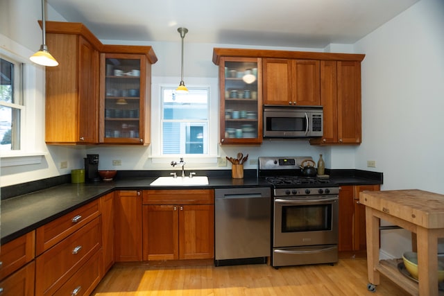 kitchen with appliances with stainless steel finishes, decorative light fixtures, light hardwood / wood-style flooring, and sink