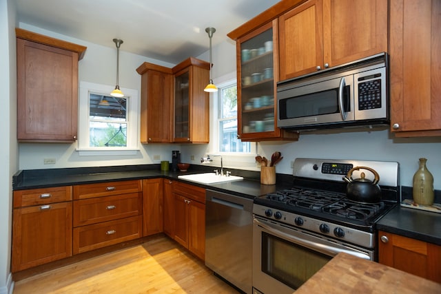 kitchen with decorative light fixtures, stainless steel appliances, light hardwood / wood-style floors, and sink