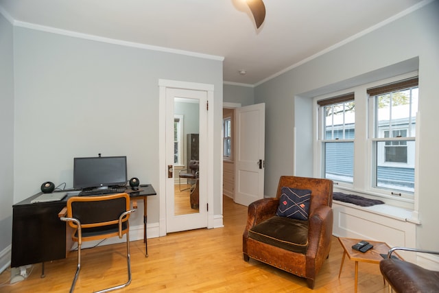 home office featuring crown molding and light hardwood / wood-style flooring