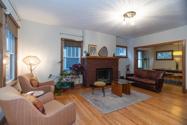 living room featuring a fireplace and light hardwood / wood-style floors