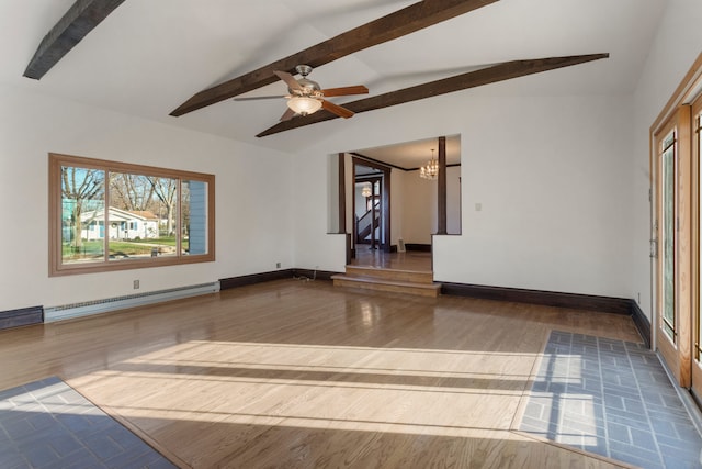 spare room with lofted ceiling with beams, dark hardwood / wood-style flooring, baseboard heating, and ceiling fan with notable chandelier