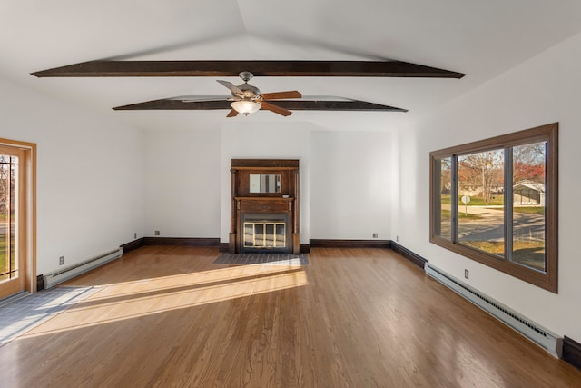 unfurnished living room featuring vaulted ceiling with beams, ceiling fan, a baseboard radiator, and dark hardwood / wood-style floors