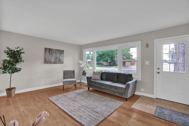 living room with a wealth of natural light and light hardwood / wood-style flooring