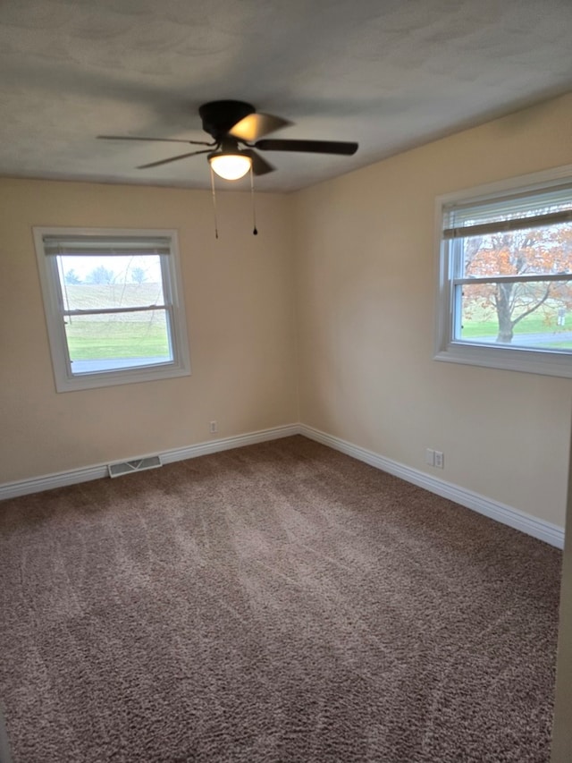 unfurnished room featuring carpet, ceiling fan, and a healthy amount of sunlight