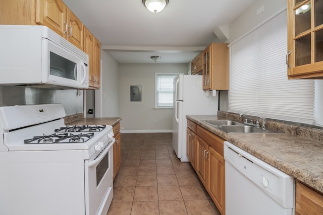 kitchen with light tile patterned floors, white appliances, electric panel, and sink