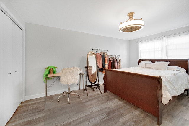 bedroom with wood-type flooring and a closet