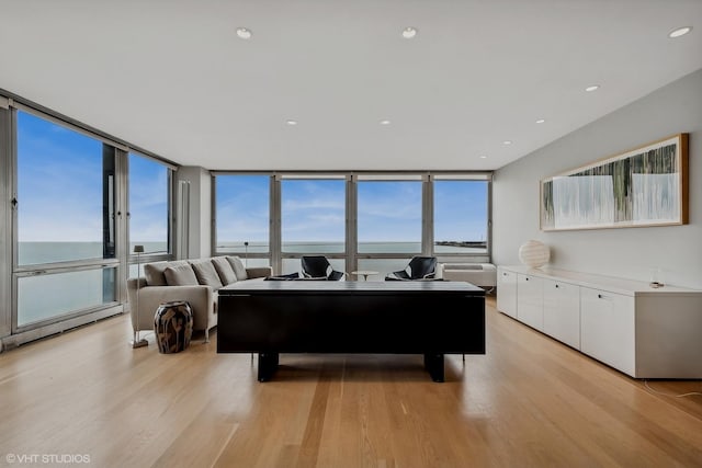 game room featuring a water view, a wall of windows, a baseboard radiator, and light hardwood / wood-style flooring