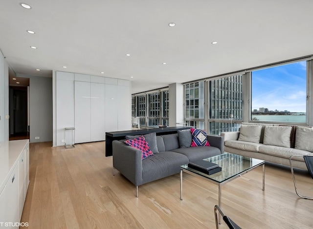 living room with light hardwood / wood-style floors and a water view