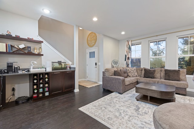 living room featuring dark wood-type flooring