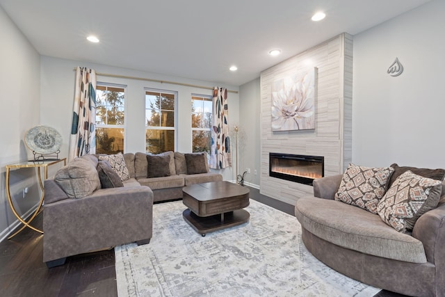 living room with a fireplace and dark wood-type flooring