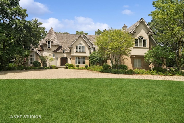 french provincial home featuring a front lawn