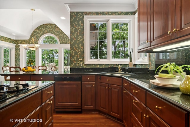 kitchen with decorative light fixtures, sink, plenty of natural light, and vaulted ceiling