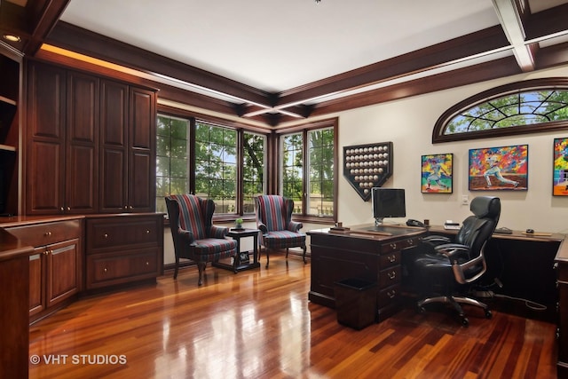 home office with hardwood / wood-style floors, beam ceiling, coffered ceiling, and ornamental molding