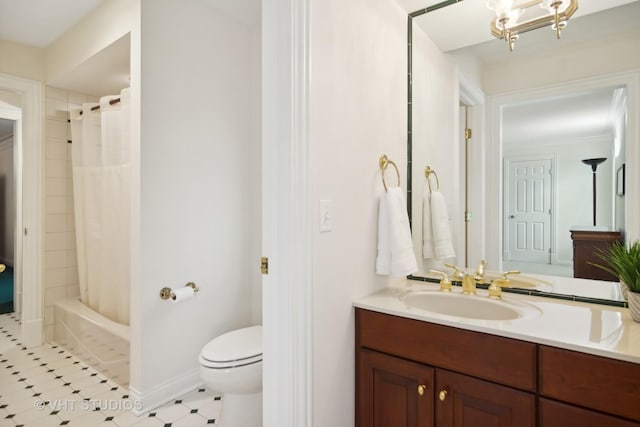 full bathroom featuring toilet, vanity, and shower / tub combo with curtain