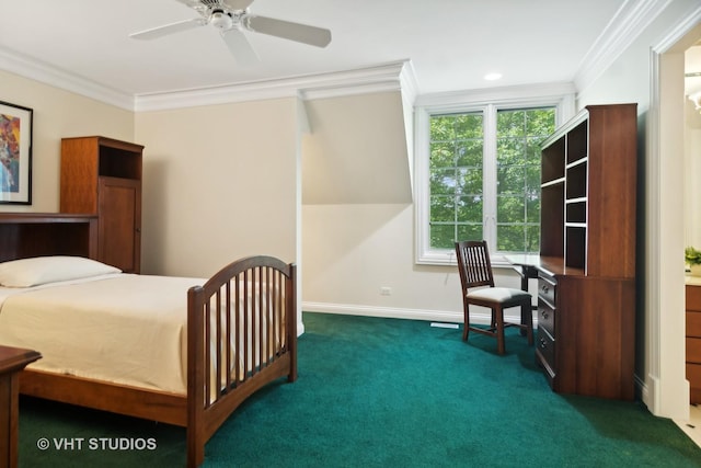 bedroom featuring ceiling fan, dark carpet, and ornamental molding