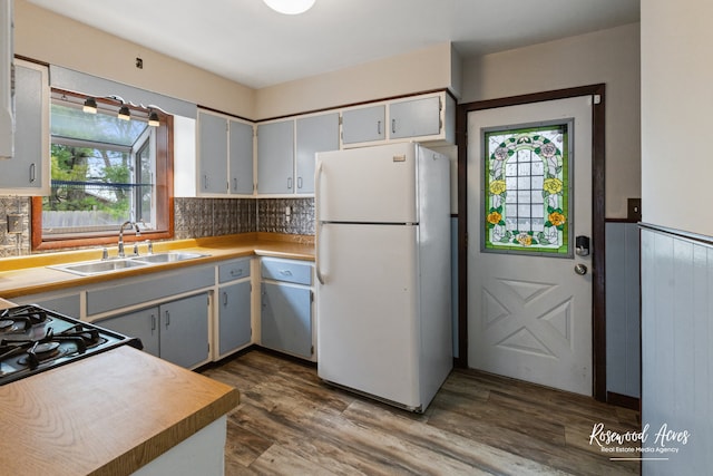 kitchen featuring white fridge, dark hardwood / wood-style flooring, sink, and a wealth of natural light