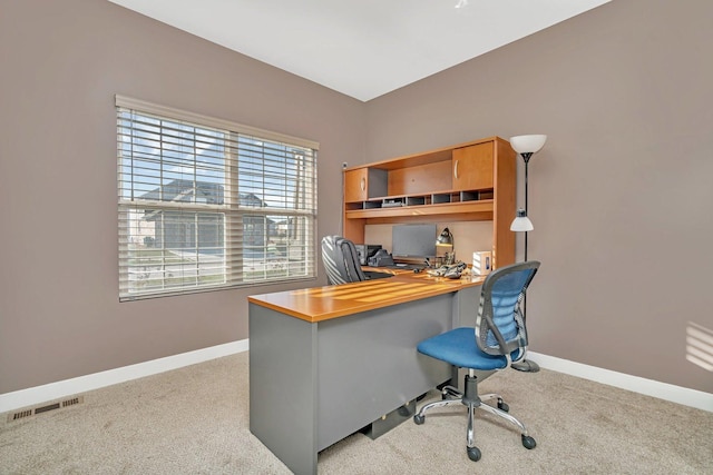 home office with light colored carpet and a healthy amount of sunlight