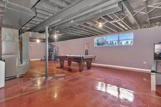 basement featuring pool table and heating unit