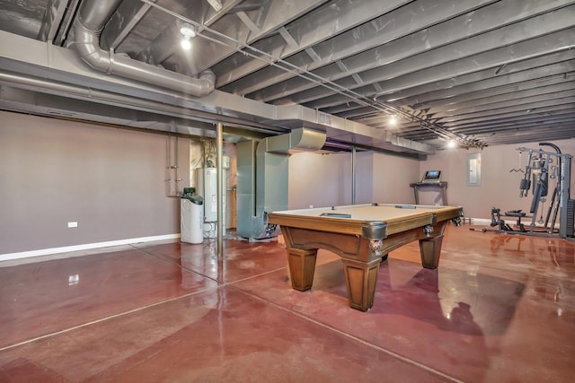 playroom featuring gas water heater, electric panel, heating unit, concrete flooring, and pool table