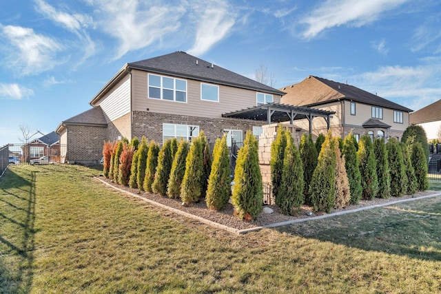 view of home's exterior featuring a pergola and a yard