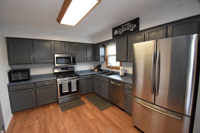 kitchen featuring gray cabinetry, sink, stainless steel appliances, and light hardwood / wood-style floors