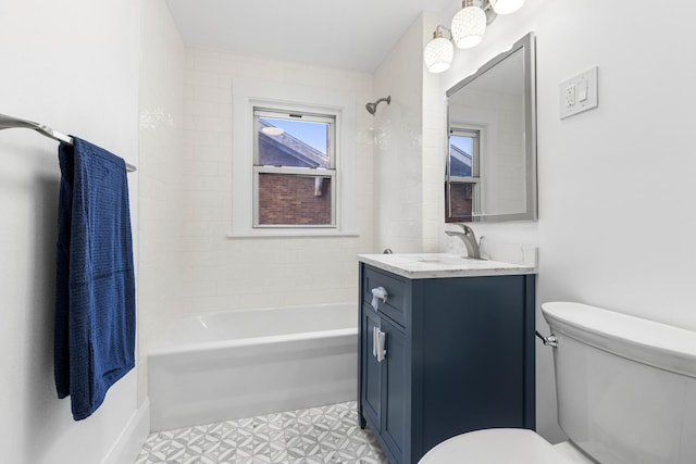 full bathroom featuring tile patterned flooring, vanity, shower / bath combination, and toilet