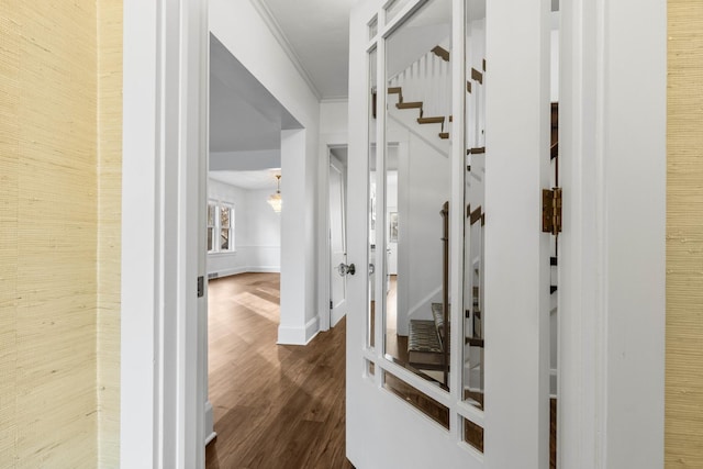 corridor with crown molding and dark wood-type flooring