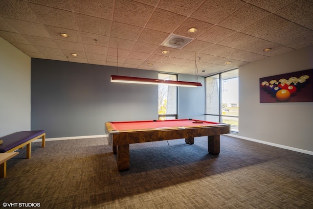 rec room with dark carpet and pool table