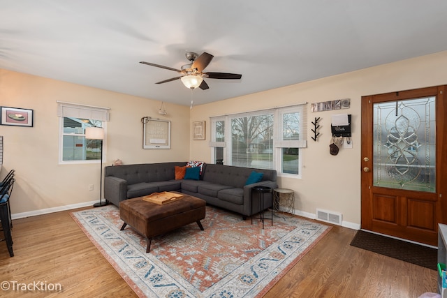 living room with ceiling fan and light wood-type flooring